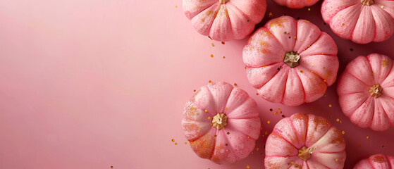 Minimal autumn background with decorative pink pumpkins composition, decorations. Copy space. Flat lay. Halloween celebration mockup, fall harvesting seasonal, Thanksgiving day concept. Generative ai