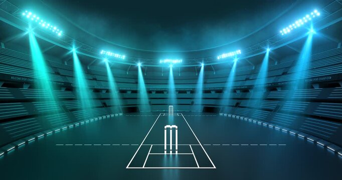 Futuristic cricket stadium at night with shining spotlights and thrilling atmosphere before sport event. Cricket field in 4K video animation as sport background for advertising.