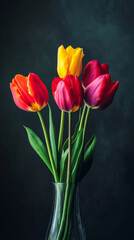 Fototapeta premium Bouquet of vibrant tulips in a glass vase, studio shot. Nature and elegance concept