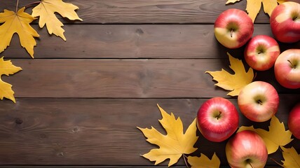 Red apples, yellow maple leaves, Top view of autumn themed still life on wooden background with space for text.