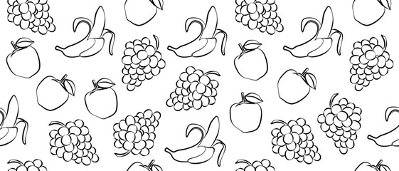 Fruit background. Grapes, apples and bananas on a white background. Seamless background with fruits and berries. Endless background with products. Outline drawings