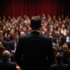 Fototapeta premium photo of back view of person in black suit blazer standing in meeting room event meeting conference , generative AI