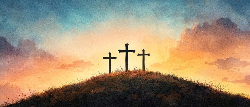 A serene silhouette of three crosses on a hill against a vibrant sunset, symbolizing faith, hope, and redemption.