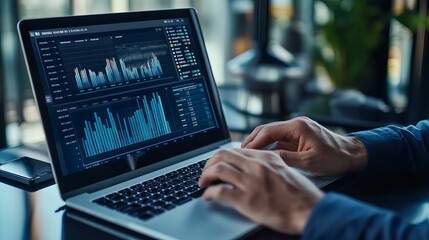 An analyst uses a financial report and business analytics dashboard on a laptop to analyze financial data with KPIs and metrics focusing on investment operations sales corporate