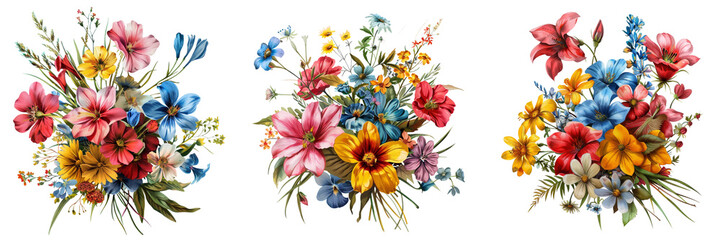Obraz premium Set of A cluster of colorful spring wildflowers, each with unique shapes and hues isolated on transparent background