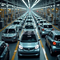 photo of new modern car in factory industry on conveyor belt , generative AI