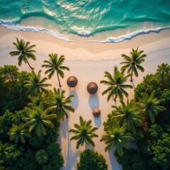 Fototapeta premium photo of aerial top view of sea and sand and palm tree and umbrella, generative AI