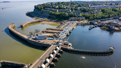 Aerial view of the Cardiff Bay lagoon, barrage and Bristol Channel near the village of Penarth