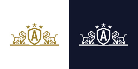 Luxury Lion crest heraldry logo. Elegant gold heraldic shield icon. Premium brand identity emblem
