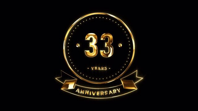 33rd Anniversary Celebration. Happy 33 Years Anniversary Animation in Gold Color on the Transparent Background, Alpha Channel. Great for greetings, celebrations, events, and gifts.