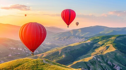 Fototapeta premium Hot air balloons glide over a verdant green hill, carpeted in grass