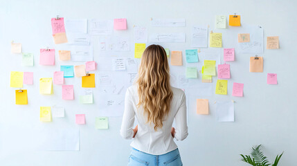 A woman stands in front of a wall covered in colorful sticky notes. She is looking at the wall, possibly trying to organize her thoughts or ideas. The wall is filled with various notes.