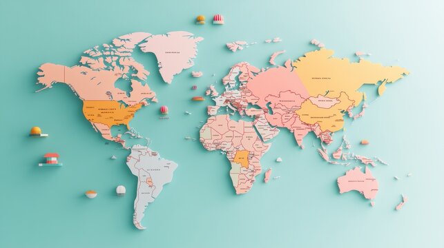 Political World Map with Country Borders and Capitals, A detailed political world map showcasing country borders, major cities, and capital cities with distinct colors.