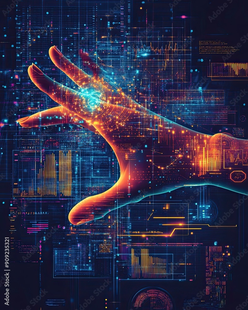 Aufkleber Futuristic Hand Interface Representing Artificial Intelligence Data Management and Analysis in a Virtual Environment