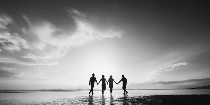 Family Silhouette at Sunset: A timeless black and white portrait of a family, silhouetted against the vast sky as they stroll hand-in-hand along a tranquil shoreline at sunset.  