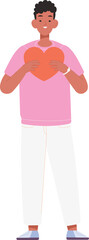 Obraz premium Young black man with heart. Volunteer character. Charity icon