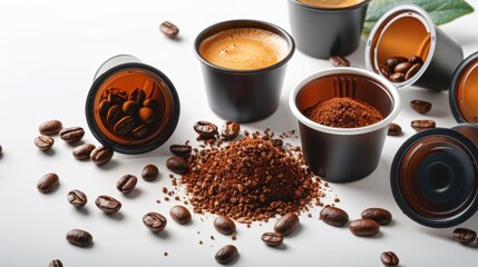 Coffee Pods with Ground Coffee and Beans on White Background