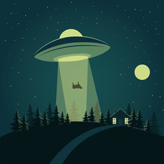 UFO steals cow right from the house vector illustration. Night sky is glowing from UFO. Flying cow.  © IURII MOCREAC
