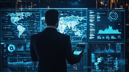 Data analytics and insights powered by big data and AI technologies with a data businessman analyzing complex information using artificial intelligence for business analytics dashboard