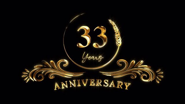 33rd Anniversary Celebration. Happy 33 Years Anniversary Animation in Gold Color on the Transparent Background, Alpha Channel. Great for greetings, celebrations, events, and gifts.