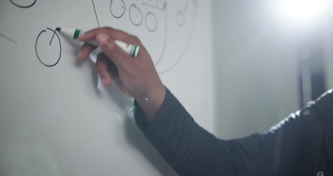 Man, football coach and writing with whiteboard for game plan, strategy or discussion on formation. Closeup or hands of mentor or sports trainer teaching on passing, attack or defense for match