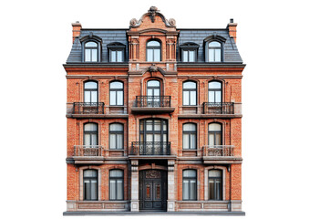 Fototapeta premium The facade of an old historic tenement house. The front of an old building.