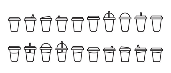 Soft drink line icon set. Cold and hot drink icon in modern packaging. Coffee cups and cold drinks, Collection of coffee cup vector symbols in trendy line style on Transparent background.