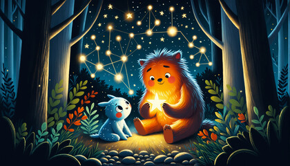 Naklejka premium Radiant star and shy creature make constellations in a nighttime forest, underscoring magic of unique bonds.