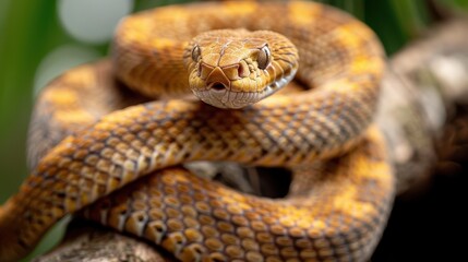 Fototapeta premium Close-up of a Yellow and Brown Snake Coiled on a Branch