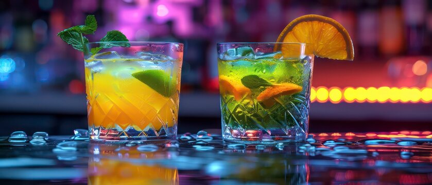 drinks with ice on a blurred bar background