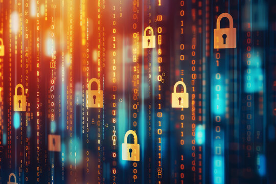 Cybersecurity: Digital Fortress: A mesmerizing digital landscape of glowing binary code and secure locks, symbolizing the unwavering protection of data and privacy.  