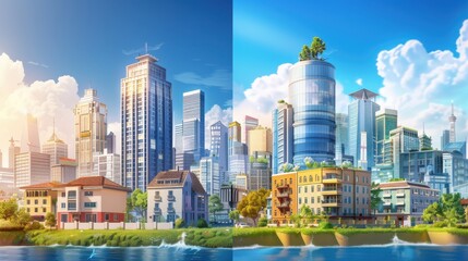 Obraz premium Modern Urban Landscape Capturing the Contrast Between Traditional and Futuristic Architecture by the Water Body