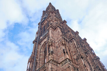 France, Alsace, Strasbourg: View of Notre Dame cathedral with frame houses