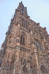 France, Alsace, Strasbourg: View of Notre Dame cathedral with frame houses
