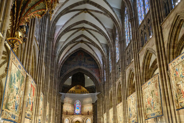 France, Alsace, Strasbourg: View of Notre Dame cathedral with frame houses