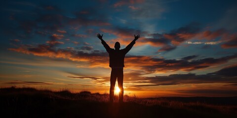 Silhouette of Freedom: A lone figure stands triumphant against a fiery sunset, arms raised in a gesture of liberation and hope. The silhouette evokes a sense of accomplishment and unbridled joy, again