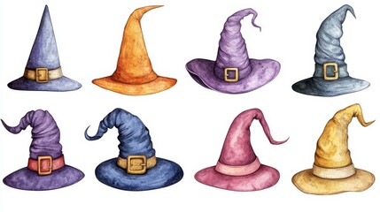 Witch hat collection on white background. Watercolor witch hat illustrations