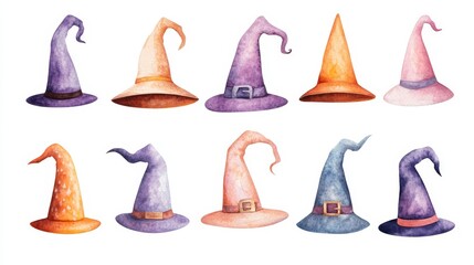 Witch hat collection on white background. Watercolor witch hat illustrations