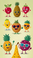 Colorful cartoon characters watermelon slice pineapple and tropical fruit 4