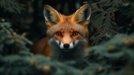 Obraz premium A close-up portrait of a red fox peering through lush green foliage in a forest, showcasing its vibrant fur and alert expression. 