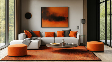 A stylish, modern living room featuring a grey sofa with orange cushions, a matching ottoman, and a contemporary art piece, complemented by large windows and a vibrant rug.
