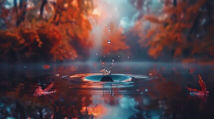   A portrait of a person in a body of water surrounded by trees with vibrant orange foliage