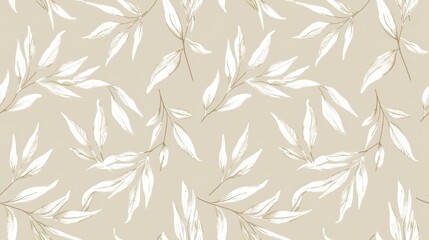 Fototapeta premium Elegant white leaves on a beige background, creating a soft and sophisticated botanical pattern, isolated on white. Seamless pattern.