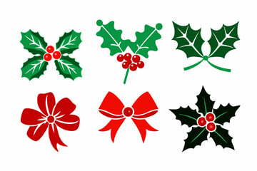 6 Christmas Leaf Branches with Berries and Bow SVG Design | Vector Graphics for Cricut & Silhouette | Christmas Clipart for T-Shirts and Decorations