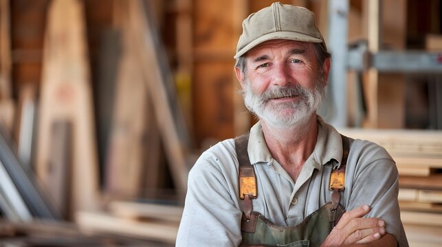 cheerful older carpenter in his workshop