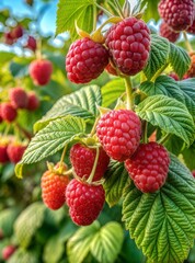Fresh Raspberries Hanging on Green Vines in a Sunlit Orchard During Late Summer. Generative AI