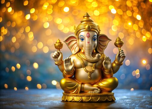 Golden statue of lord Ganesha, god of wisdom, abundance and prosperity, on a blue and gold background, ganesh chaturthi, Ganesha Festival
