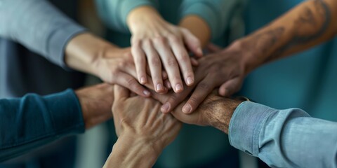 United Hands: A symbol of unity and collaboration, diverse hands clasped together in a close-up shot. This image speaks volumes about teamwork, support, and the power of coming together.  