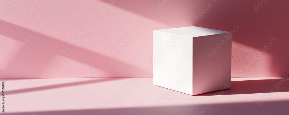 Aufkleber white cube on a pink background with shadows, minimalistic design concept