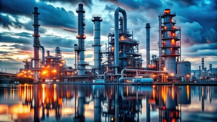 Obraz premium Oil Refinery Infrastructure Glowing at Sunset: Industrial Beauty in the Evening